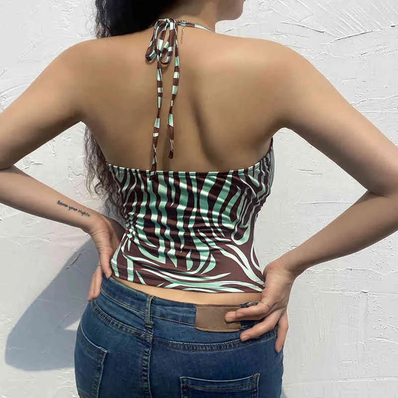 Paisley Drukowane Y2K Halter Camis Crop Topy dla dziewcząt z cienkim paskiem Sexy Kobiety Lato Backless Zebra Paski Koszula Tee Tank 210510