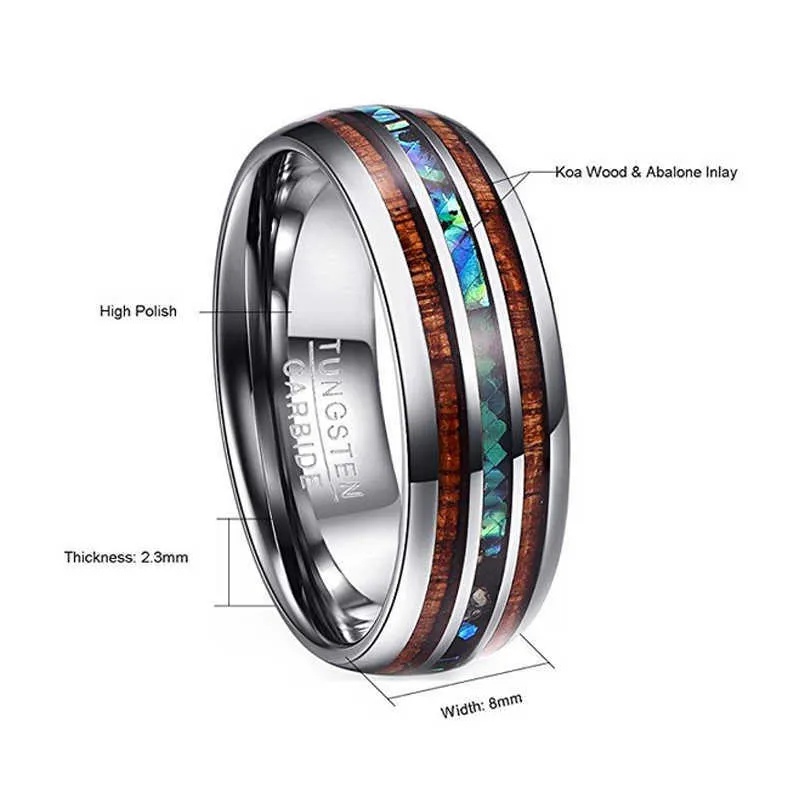 Nuncad US Taille 8 mm Hawaiian Koa Wood and Agryone Shell Tungsten Carbide Bands de mariage pour hommes Comfort Fit 514 2107011163372