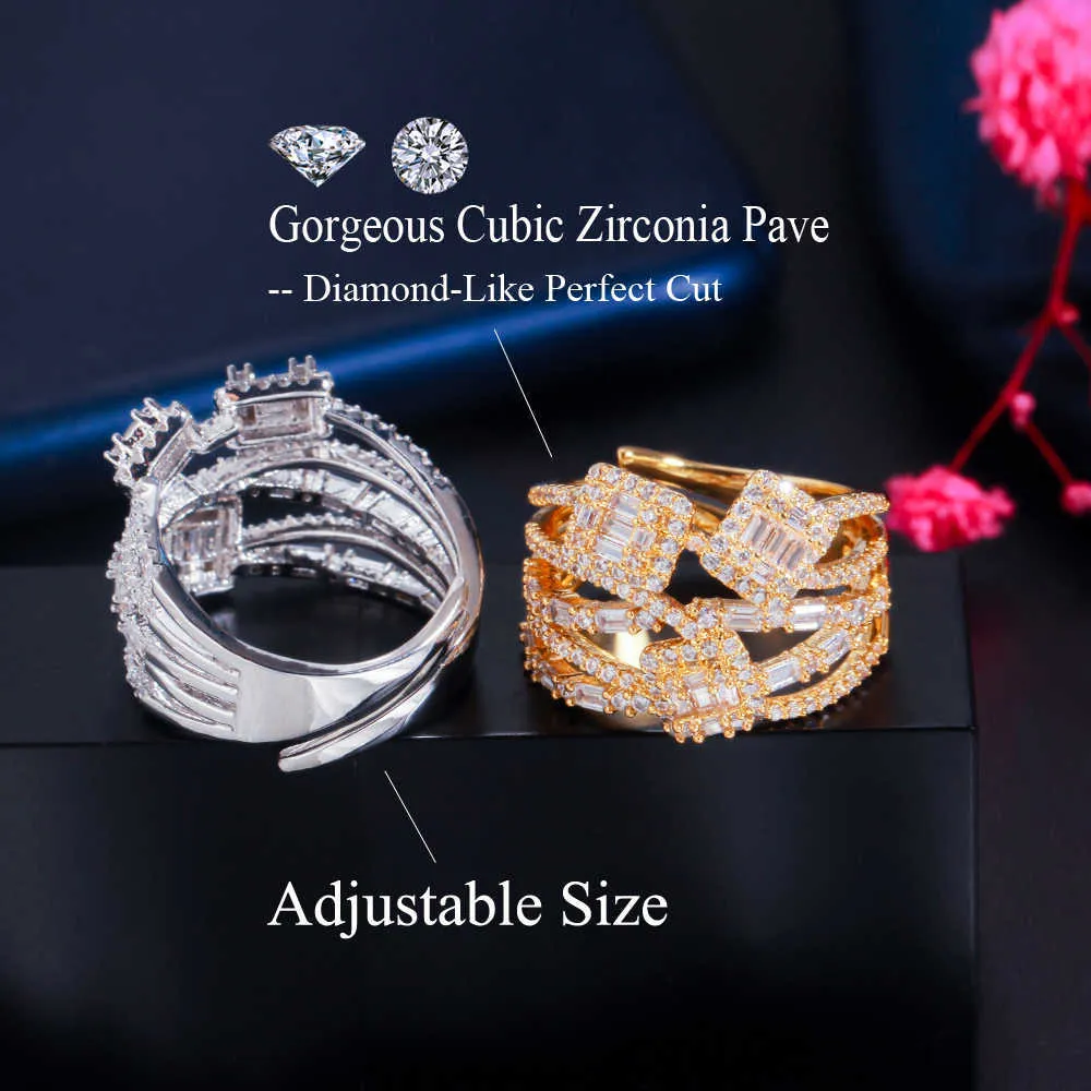 Krzyż Geometryczny Wielowarstwowy Cubic Cyrkonia Szeroki Duży Otwarty Pierścień Dla Kobiet Żółty Złoty Kolor Bridal Wedding Jewelry R195 210714