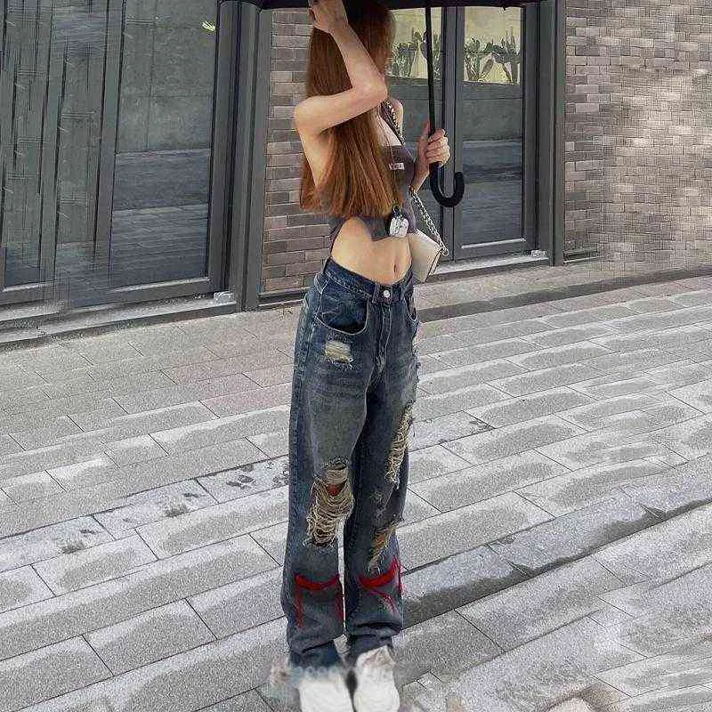 Vintage Ripped Jeans Denim Hippie Pantalon Hip Hop Do Old Straight Leg Femmes Taille Basse Grunge Trou Streetwear y2k 211129