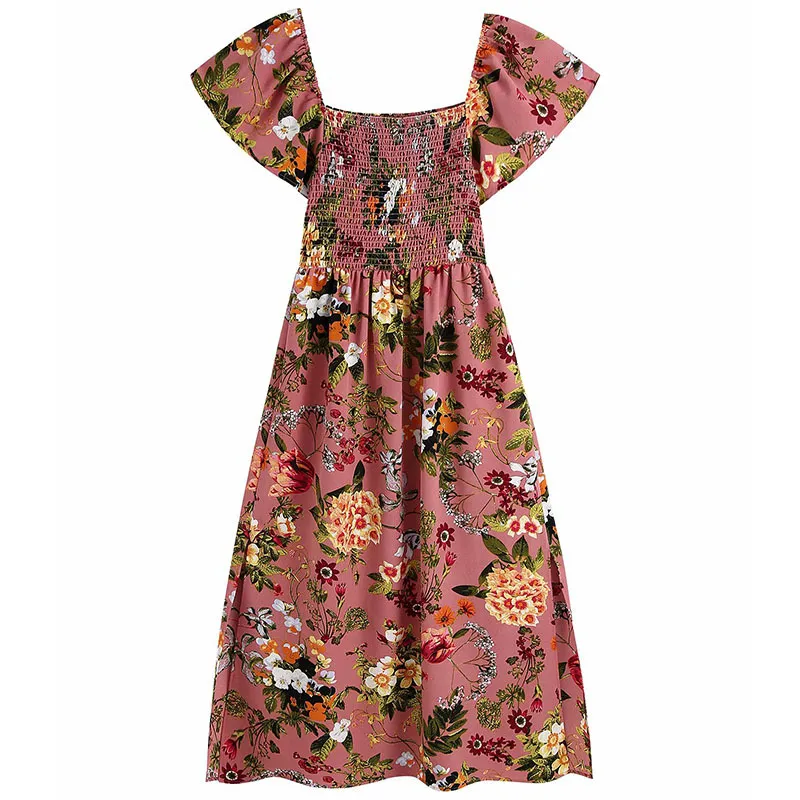Vrouwen zomer vintage jurk korte mouw bloemen print fit en flare elastische buste vrouwelijke elegante a-lijn jurken vestidos 210513