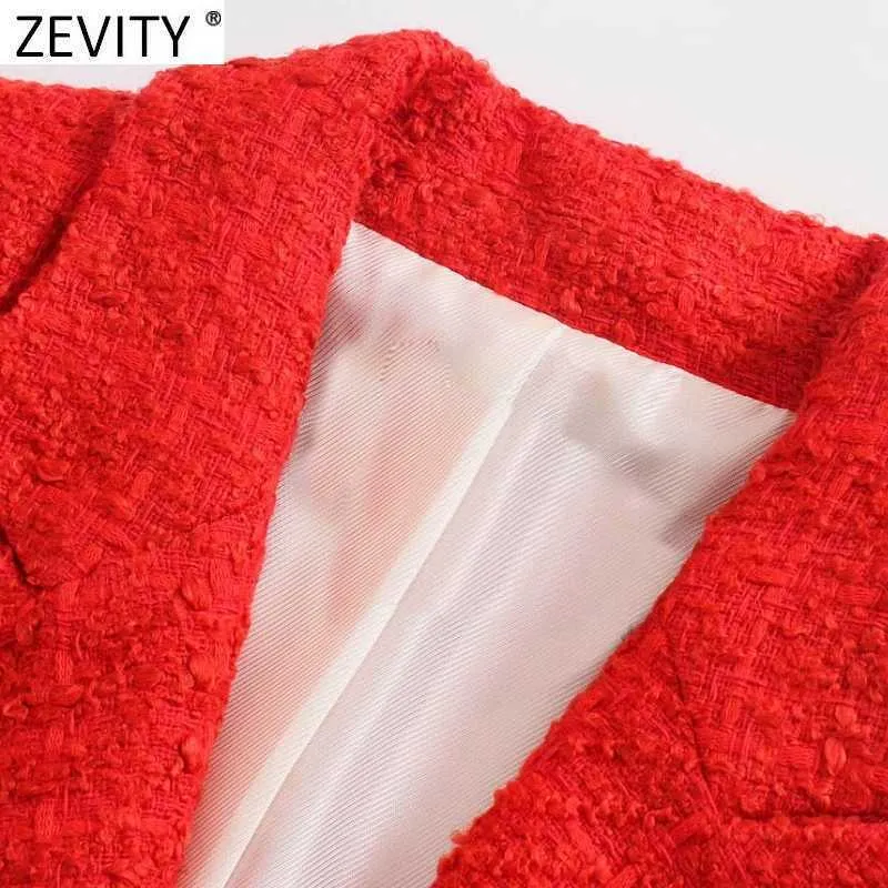 Zevity Women England Style Double Breasted Texture Tweed Woolen Blazer Coat Office Ladies Long Sleeve Red Suits Chic Tops CT696 210603