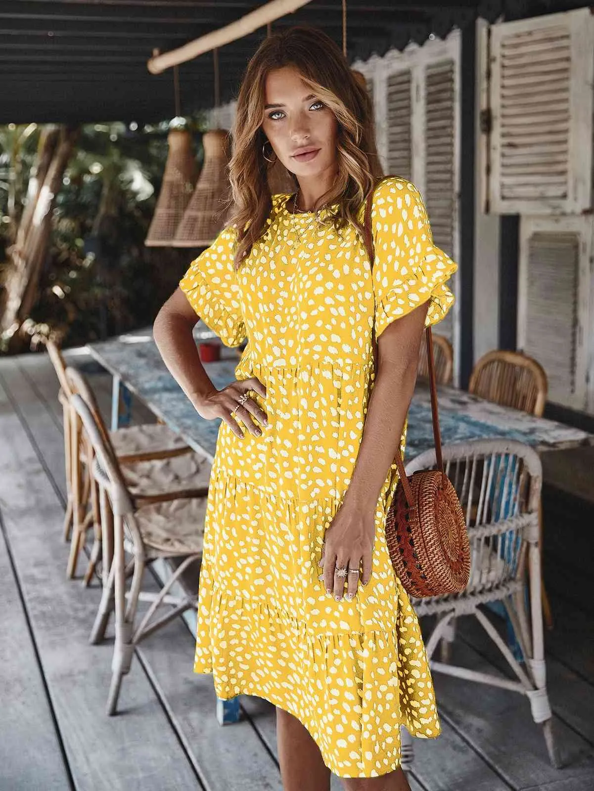 Vestido midi con estampado de puntos para mujer, vestido midi de verano con cuello en O, volantes de manga corta, vestidos bohemios sueltos, vestido informal para vacaciones en la playa, vestidos para mujer 210507