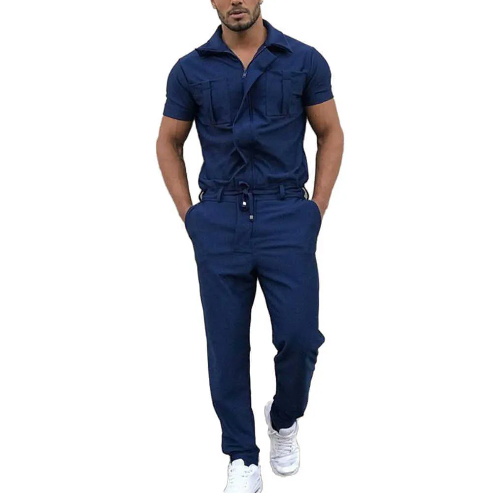 Moda Uomo Tute Manica Corta Slim Fit Cargo Tuta 2020 Casual Solid Pantaloni Streetwear Pantaloni Mens Pagliaccetti Plus Size X0610