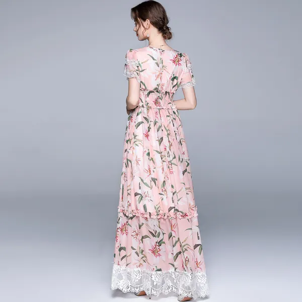 Vrouwen zomerjurk zoete bloemen print kant patchwork chiffon lange jurk vintage dames elegante hoge taille vakantie maxi jurk 210518