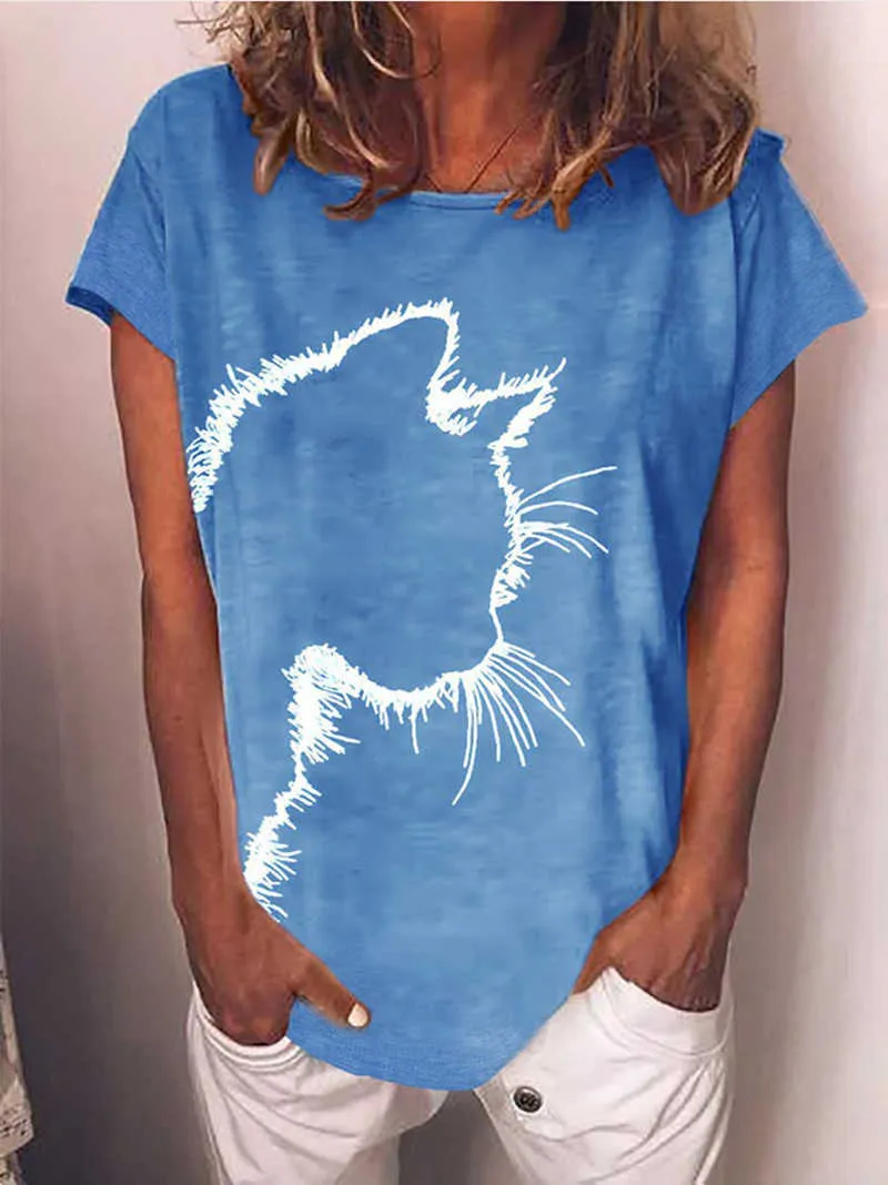 Femmes vêtements 2021 nouveau été décontracté femmes t-shirt drôle mignon chat impression 3D à manches courtes T-Shirts femmes dames mode hauts Tee Y0629