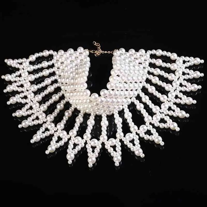 Luxurious Jewelry Bib Choker Necklace Handmade Hollow Out Woven Water Drop Pearl Beaded Layered Body Chain Shawl Collar