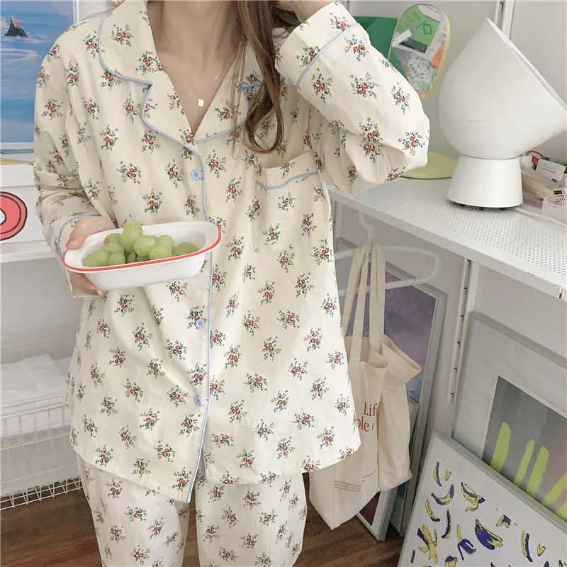 Manga comprida sleewear primavera floral impresso mulheres chique chique confortável algodão moda pijama fatos 210525
