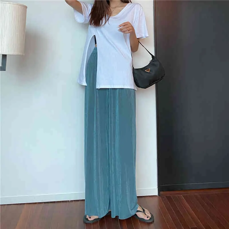 Koreański szerokie spodnie nogi solidne luźne lato proste dorywczo eleganckie wygodne wszystkie mecz elastyczne szczupłe spodnie femme 210421