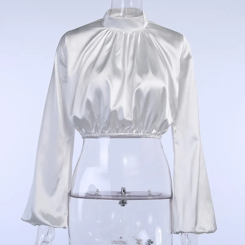 Summer New Satin Blouse Solid Color Stand Collar Lantern Sleeve Short Top Elegant White Shirt Fashion Lady Top 210419