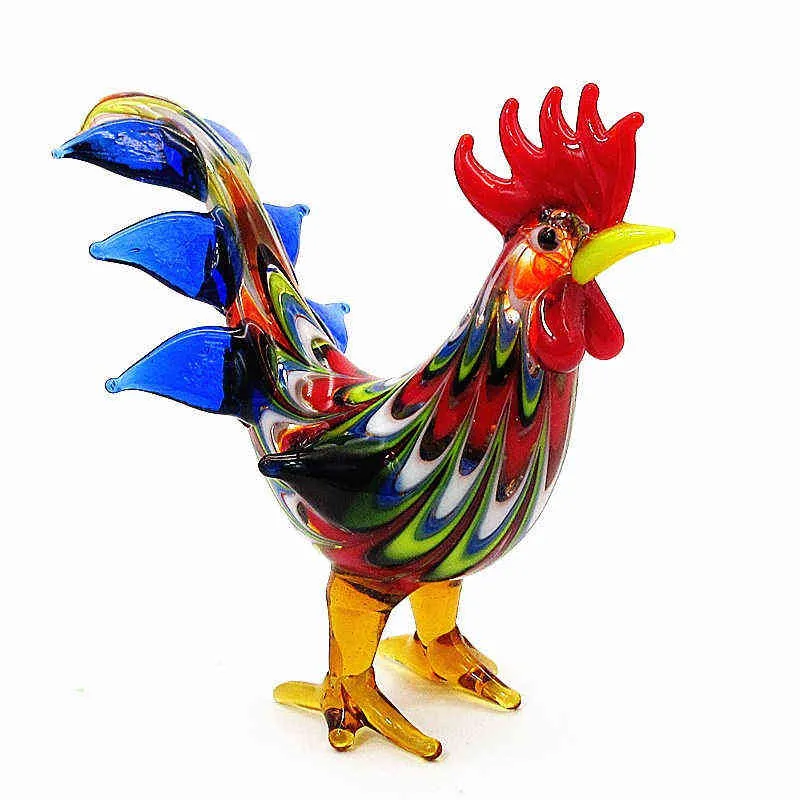 Christmas Decoration Gift For Kids Multicolor Hand Blown Murano Glass Rooster Figurine Ornament Artistic Chicken Small Sculpture 211108