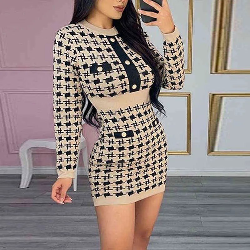 Sexy Baldycon Houndstooth Short Mini robe élégante ôil à manches longues à manches longues à manches longues Femme mode de mode robes de soirée Y1204