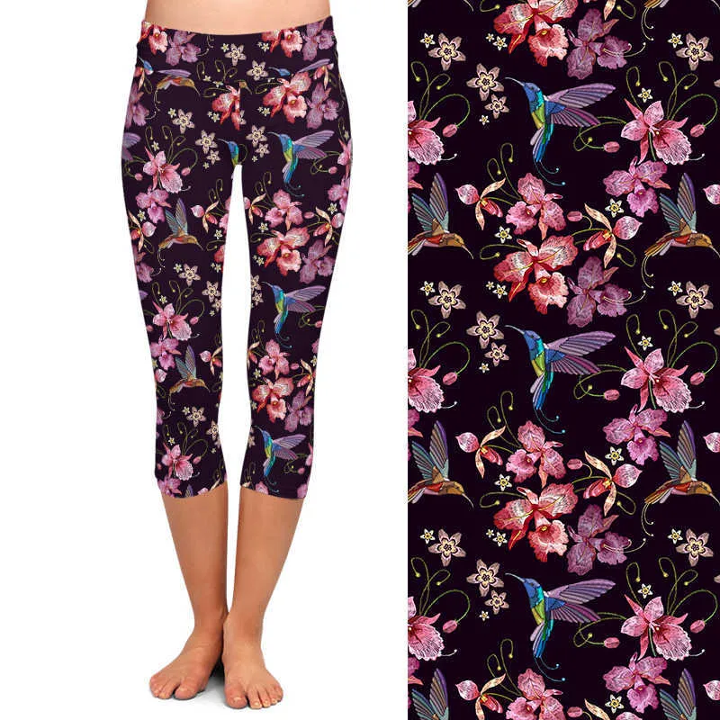 LETSFIND High Quaility 220gsm Milk Silk Birds and Orchid Print Leggings Waist Plus Size Soft Stretch 211215