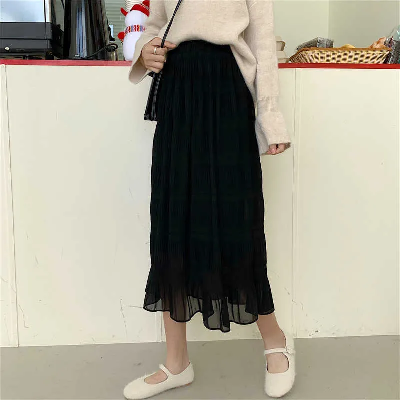 Skirts Women Slim A Line High Waist Pleated Black Chiffon Skirt Spring Mid Length Elegant Temperament Faldas Mujer Korean 210610