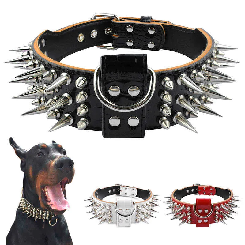 2.0" Wide Luxurious Leather Dog Collar Sharp Spike Studded Dog Collars for Rottweiler Pitbull Large X-Large Training Dogs 211006
