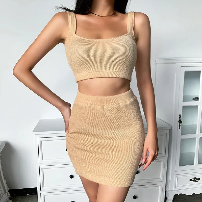 Ezgaga Two Piece Set Women Square Neck Crop Top and Ribbed Skirt Knitted Sleeveless Ladies Sexy Bodycon Solid Tracksuits 210430