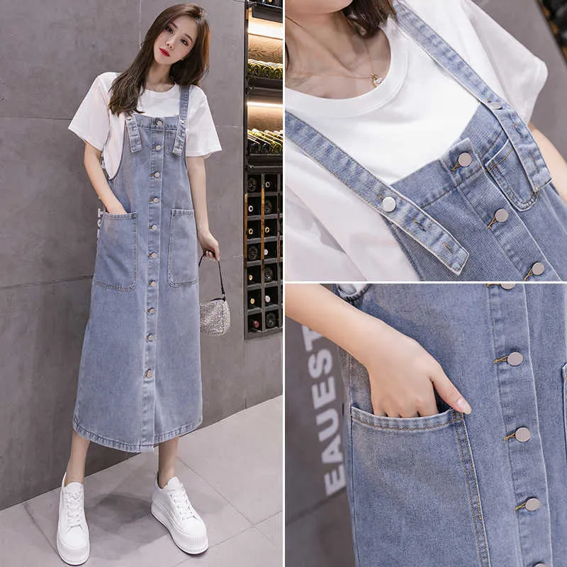 Jeans Elbise Tek Göğüslü Büyük Cepler Yaz Midi Bayan Denim Sundress Artı Boyutu Bayanlar Gevşek Mavi Askı 5XL 210604