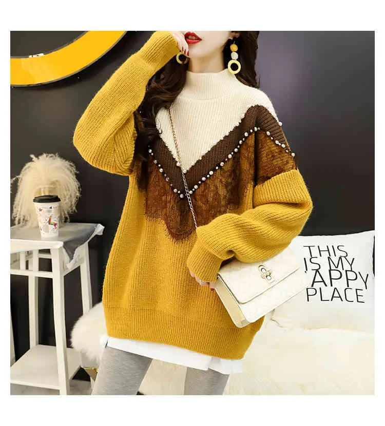 H.SA Arrivals Women Winter Pullover and Casual Pearl Beading Patchwork Soft Warm Knit Jumpers Gauze Sweaters 210417