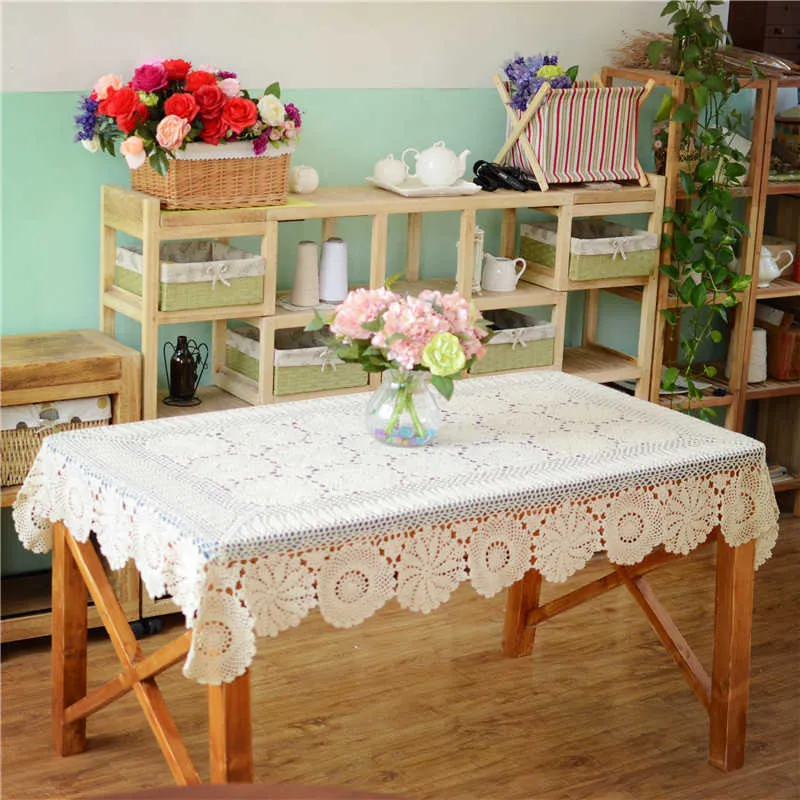 Handgefertigte gehäkelte Tischdecke aus Baumwolle, beige Häkelspitze-Tischdecke, viele Größen erhältlich 210722238S