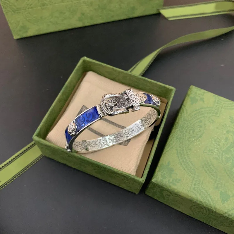 925 argent sterling tête de tigre bleu émail couple bracelet hommes et femmes marque de luxe exquis mode rétro charme bijoux cadeau219o