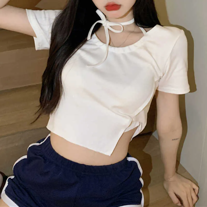 T-shirt Women's Ins White Short Tie Irregular Design Niche Short-sleeved Shirt Summer Style 210529