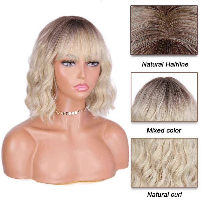 Hairpiece Short Omber Blonde Wigs Wavy Bob with Air Bangs Women's Synthetic Curly Pastel for Girl Colorful Cosplay 0121