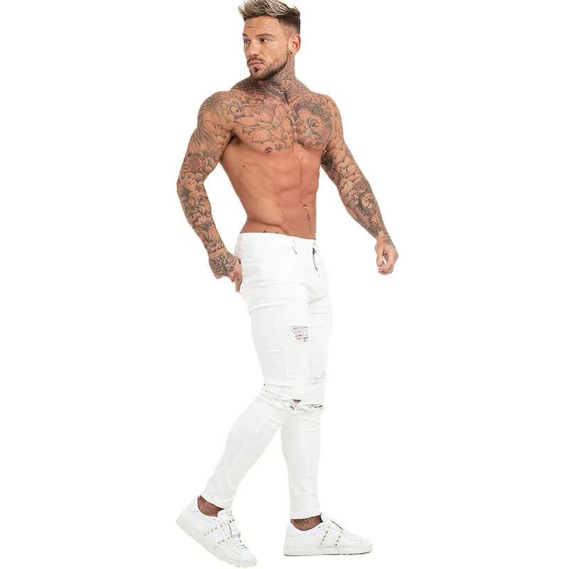 GINGTTO Jeans skinny hip-hop bianchi ad alta elasticità Pantaloni elastici in vita uomo Taglie forti Silm Fit