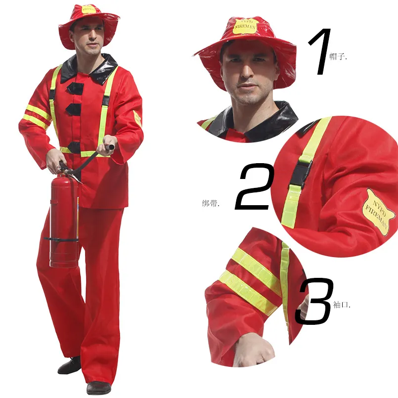 Mascot doll costume Fancy Adult Fireman Costume Halloween Party Firefighter Fire Suit Men Role Play Party Clothes Funny Firefighter Uniform