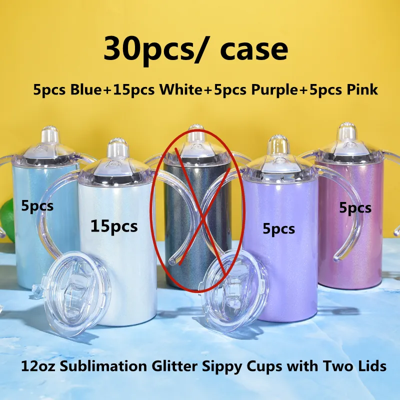Local Warehouse Sublimation Glitter 12oz Sippy Cups Mugs With Two Lids White Blanks Straight Kid Tumblers rostfritt stål dubbel 296f