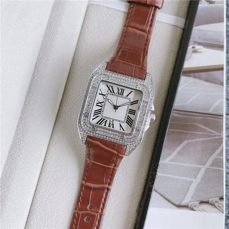 Marca de moda relógios feminino menina quadrado cristal estilo alta qualidade pulseira couro relógio pulso ca572481