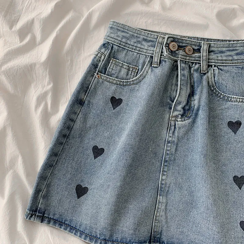 Kimutomo Heart Print Denim Spódnica Wiosna Lato Koreańska Wysoka Talia Elegancka Sexy Mody Solidne Kieszenie Mini Spódnice Dorywczo 210521