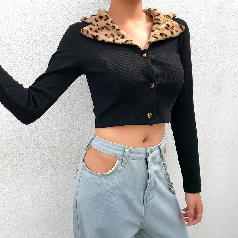 Ezgaga kvinna jacka Sexig leopard nedbrytning krage långärmad tunn smal singel-breasted damer toppar streetwear mode 210430