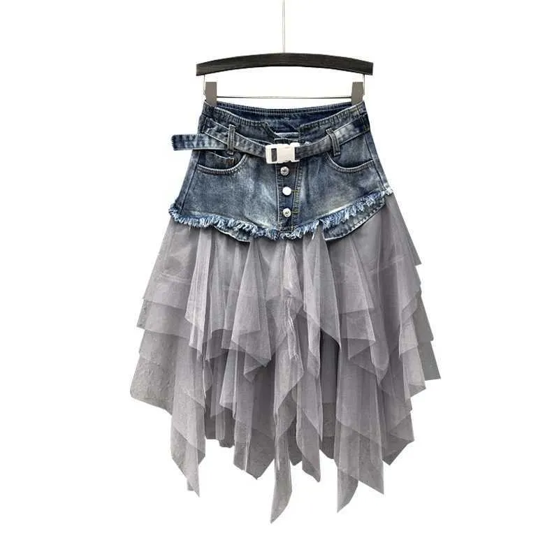 Women Denim Mesh Patchwork Lace Skirt High Waist A Line Asymmetric Frill Tulle Gothic Chic Skirts 210621