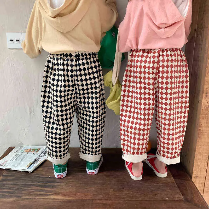 Girls boys fashion knee patch plaid casual trousers Autumn cotton unisex pants 211103