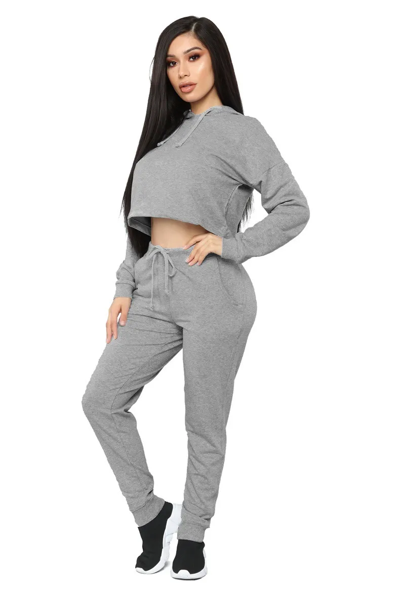 Women Sets Loose Casual Pants Hooded Crop Top Drawstring Long Sweatsuits For Two Piece And 210513