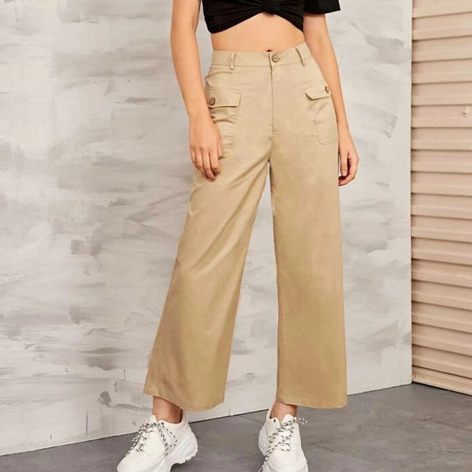 Novas Mulheres Moda Sólida Pant Hight Cintura Pocket Loose Calças Reta Calças Casuais Alta Qualidade Comfy Daily Pant Q0801