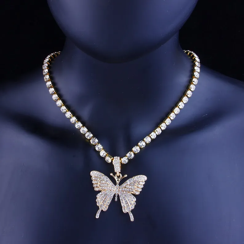 Ausgefahrte Schmetterling Anhänger Halskette Gold Silber Tenniskette Herren Frauen Hip Hop Halsketten Juwely273d