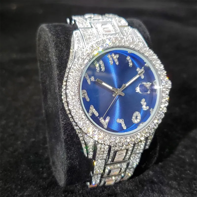 Montres-bracelets Numéro arabe Montres pour hommes Luxe Hiphop Iced Out Montre Argent Or Strass Bling Quartz Montre-Bracelet Cadeaux1677