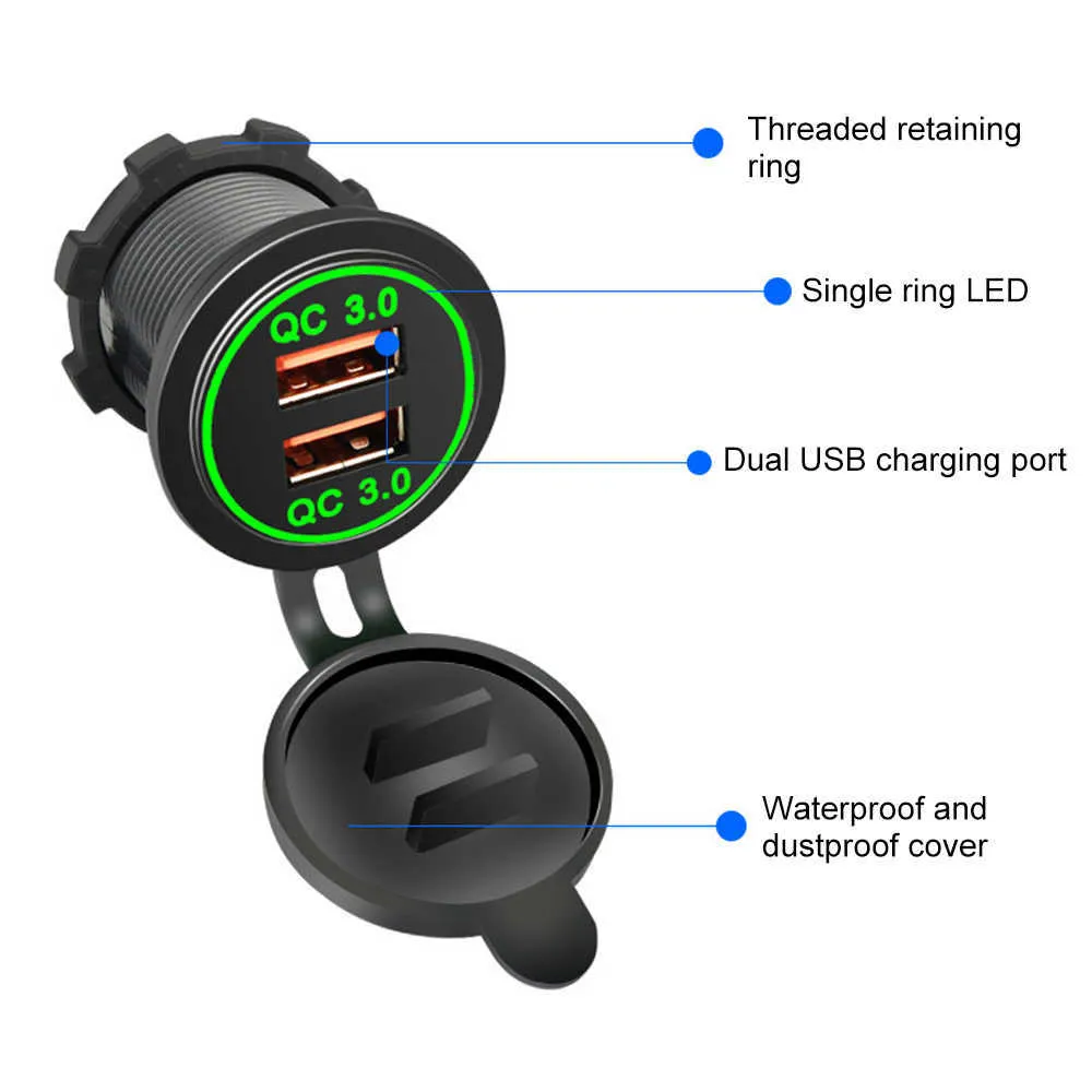 USB Auto Zigarettenanzünder Motorrad QC 3 0 Dual Ladegerät 12V-24V Moto Steckdosen Power Plug Outlet LED344k