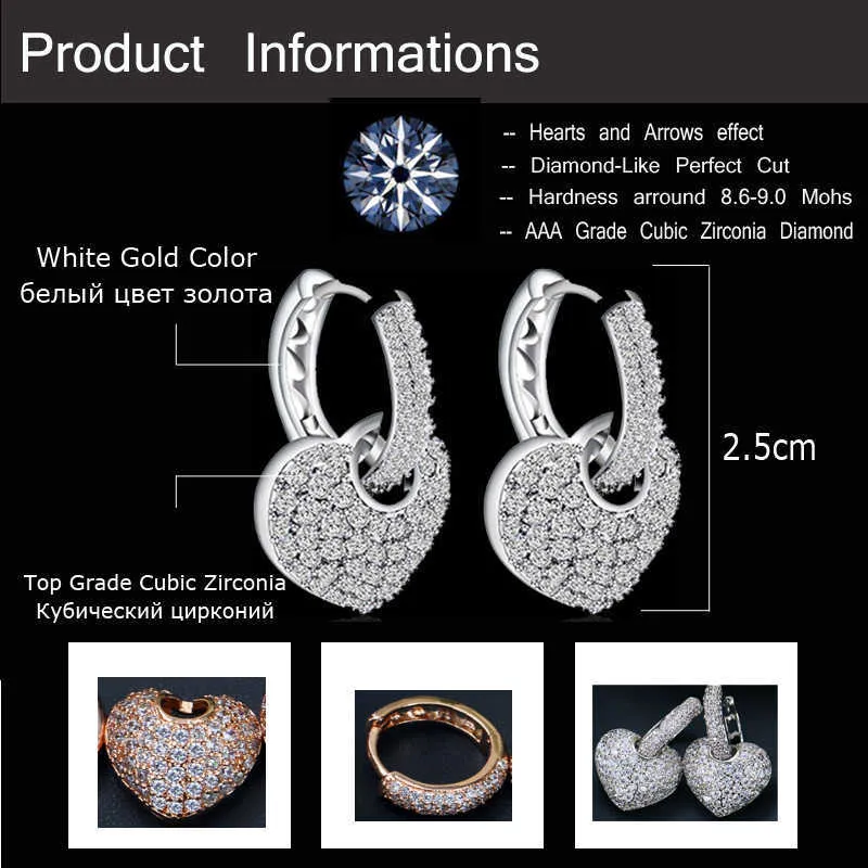 Micro Pave Cubic Zirconia High Quality Lovely Cute Rose Gold Color Small CZ Hoop Heart Earrings for Women CZ038 210714