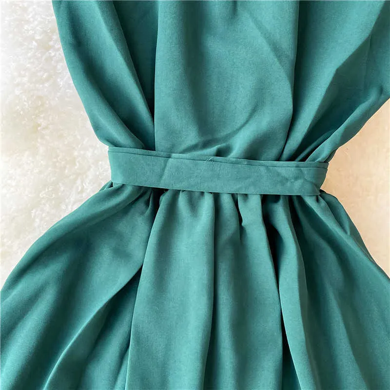 Summer Vintage Green/Pink/Khaki Dress Women Elegant Turn-Down Collar Sleeveless Single Breasted Vestidos With Sashes Female 2021 Y0603