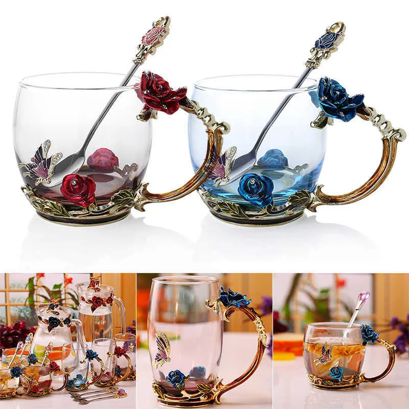 Smalto Caffè Tazza da tè Tazza 3D Rosa Farfalla Tazze di vetro Regalo di nozze BOM666 210611