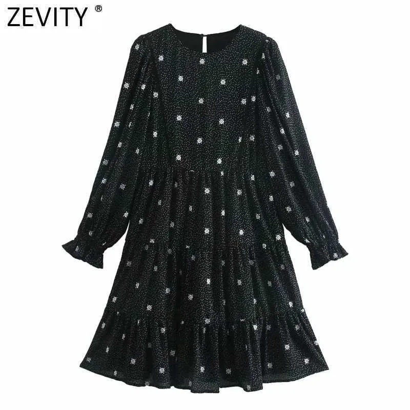 Zevity Women Fashion O Neck Blommor Print Dots Mini Klänning Chic Kvinna Puff Sleeve Lace Patchwork Pleat Ruffles Vestido DS4997 210603