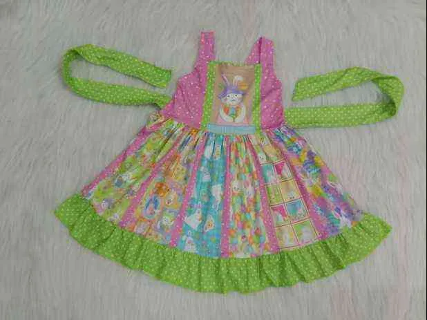 Robe de lapin de Pâques à manches volantées en dentelle rose pour petites filles fleurs de printemps et robe de princesse pour filles imprimées d'herbe G1215