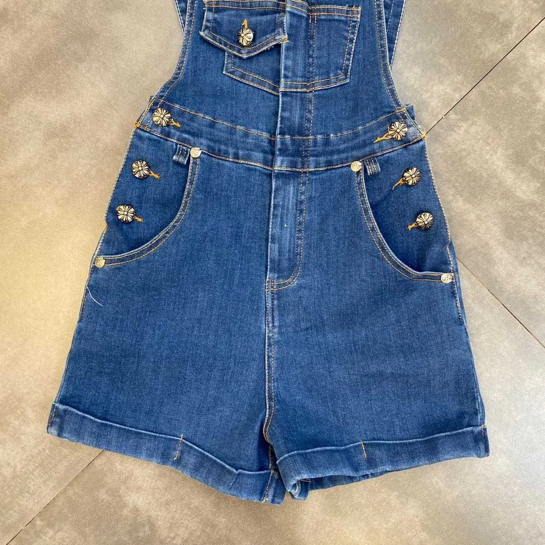 Fabpop Summer Design Design Design Design Metal Buttons Collection Blue Denim Play -Suits Женщины Slim Romper High талия GB686 210709