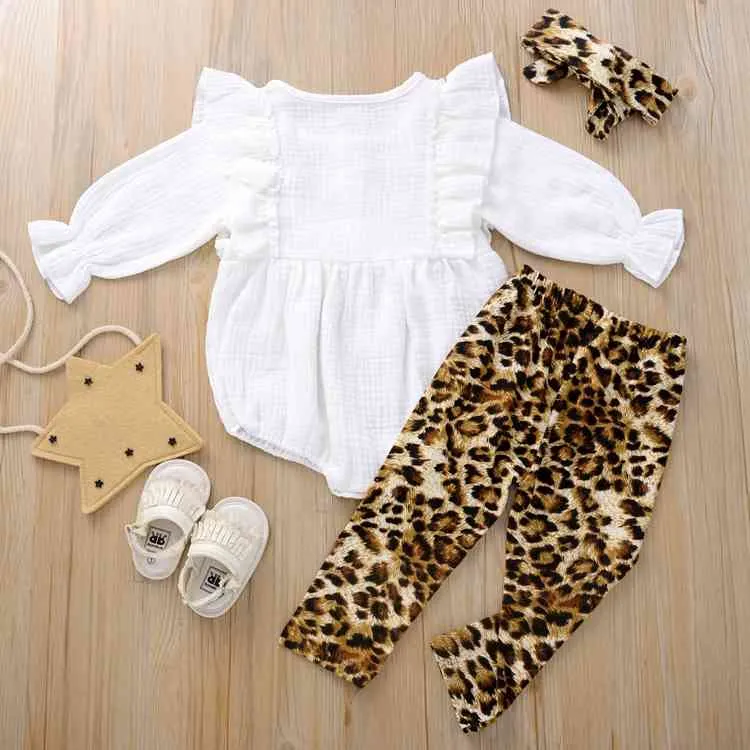 0-24m född spädbarn baby tjejer kläder satt ruffles vita romer toppar leopard byxor outfits söta höstdräkter 210515