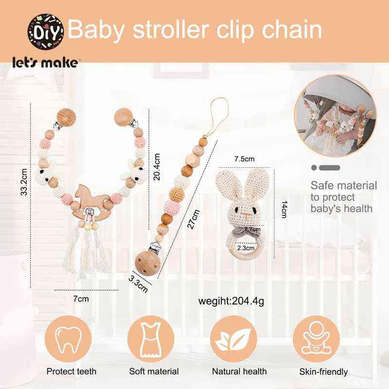 Babyspielzeug Holz Kinderwagen Clip Mobile Personalisieren Sie Silikonperlen Schnullerkette Kaubare Rassel Beißring 211106