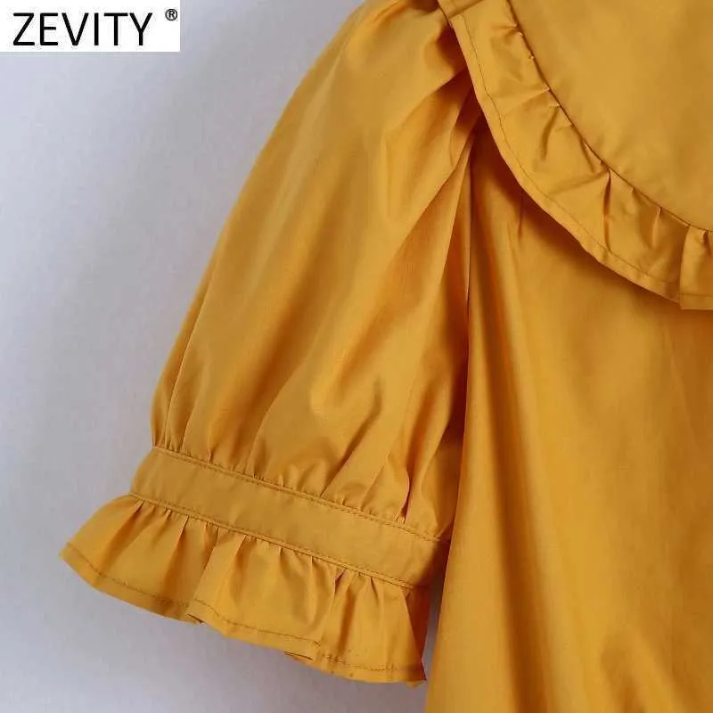 Zevity Kobiety Sweet Agaric Koronki Peter Pan Collar Solidna Krótka Koszulka Kobieta Rękaw Puff French Style Bluzka Roupas Chic Topy LS9197 210603