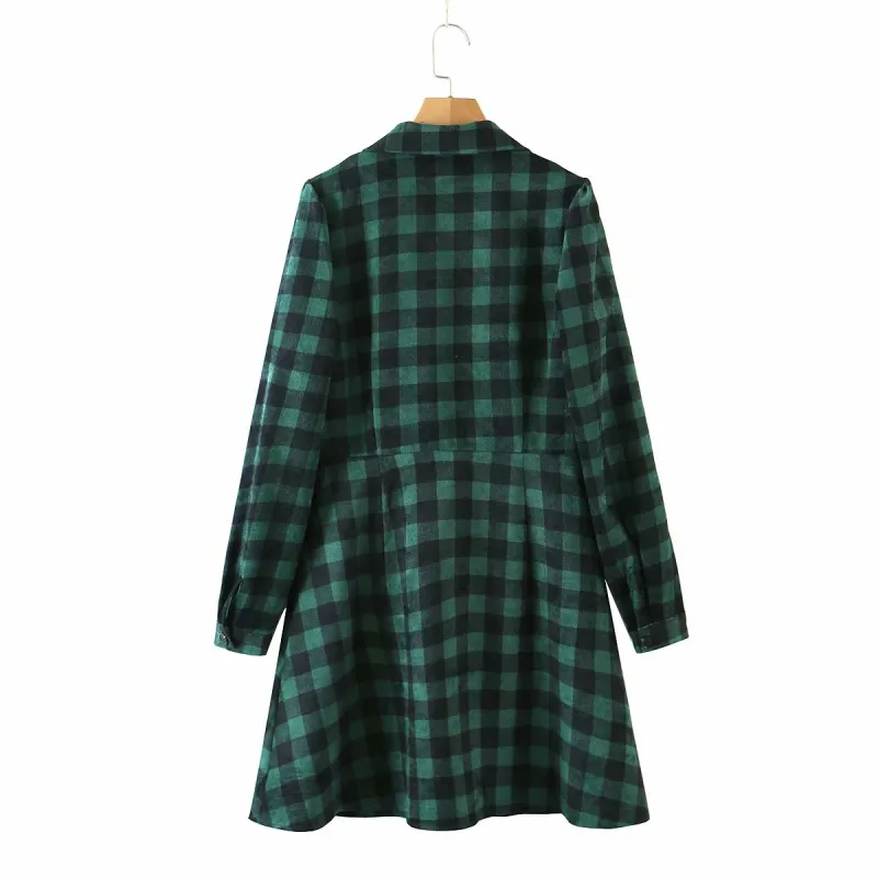 Vintage Woman Green Plaid Corduroy Dress Autumn Winter Fashion Ladies Puff Sleeve es Female Chic Soft A-Line 210515