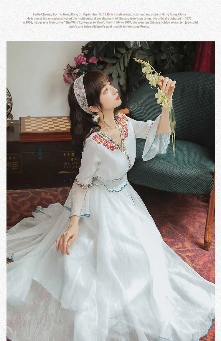 Yosimiの夏の花の刺繍ホワイトシフォンロング女性ドレスVネック中央子のイブニングパーティーバタフライスリーブエレガント210604